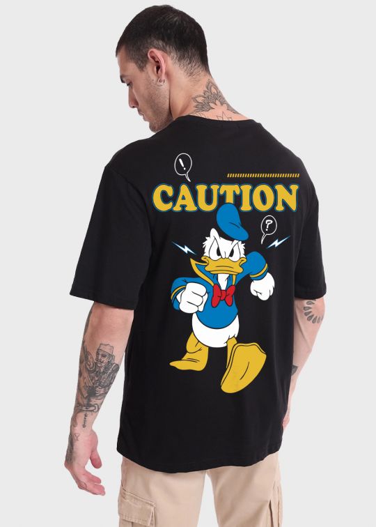 Caution Black Oversized T-shirt For Men