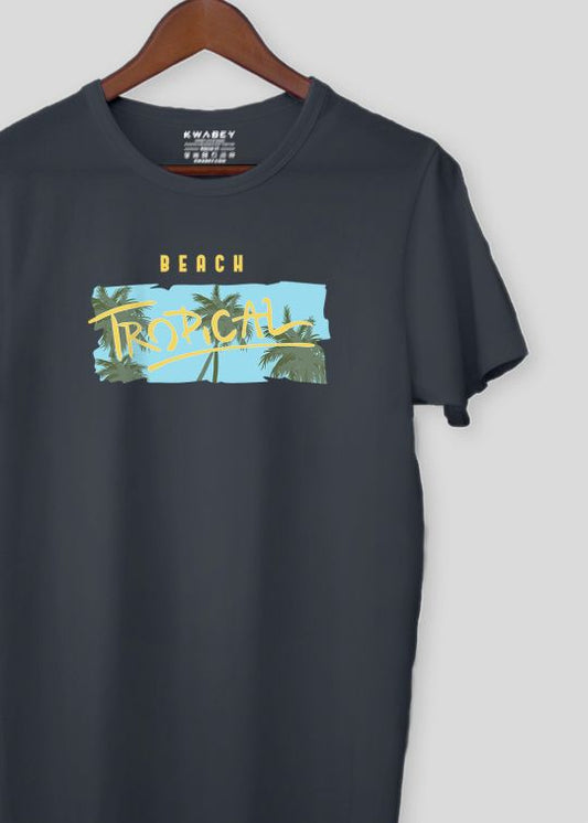 Beach Tropical Printed Stone Grey Half Sleeve T-Shirt For Men