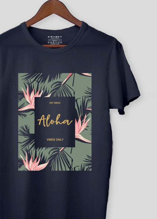 Aloha Printed Navy Half Sleeve T-Shirt For Men