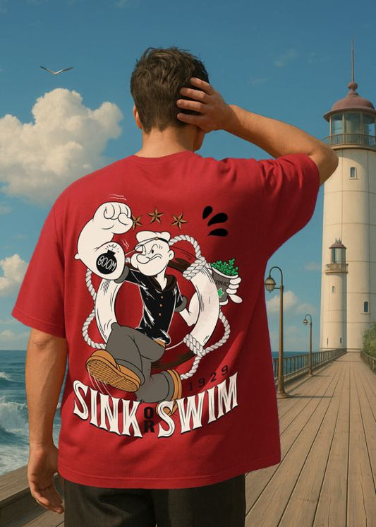 Popeye The Sailor Premium Red Oversized T-shirt For Men