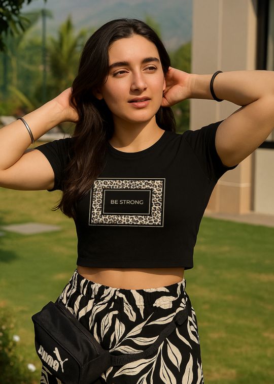 Be Strong Black Crop Half Sleeve T-shirt For Women