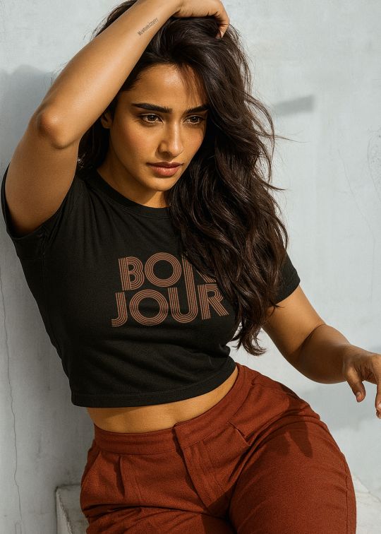 Bonjour Black Crop Half Sleeve T-shirt For Women