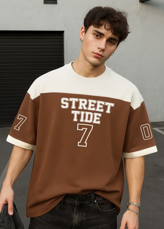 Street Tide Coffee Color Block Oversized T-shirt For Men