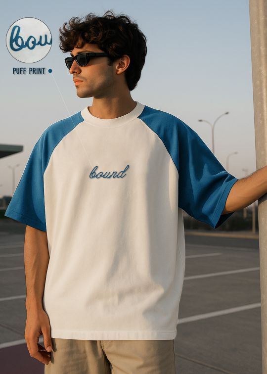 Bound Printed Off White & Denim Raglan Sleeve Oversized T-shirt For Men