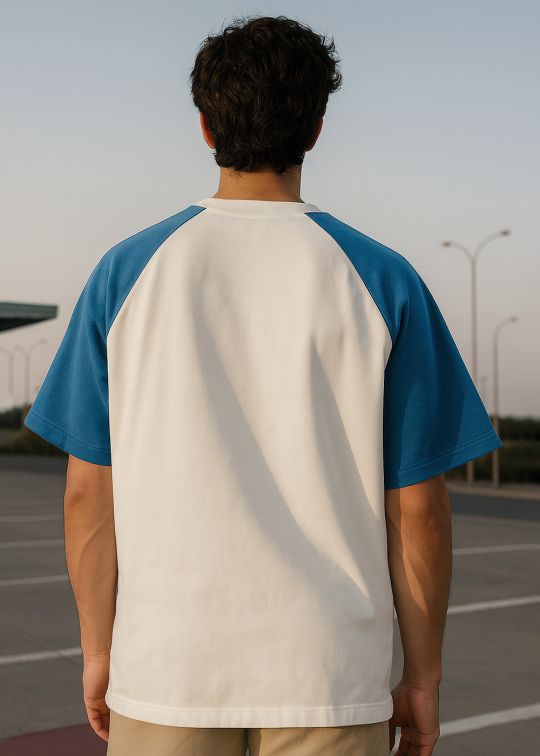 Bound Printed Off White & Denim Raglan Sleeve Oversized T-shirt For Men