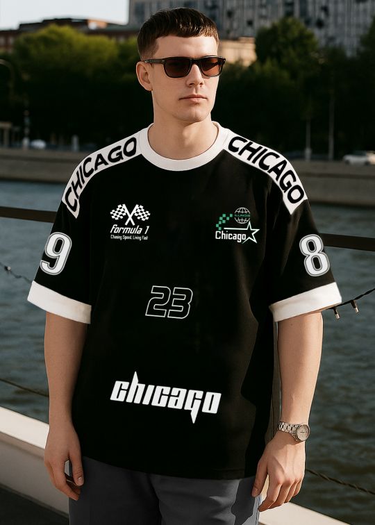 Formula One Black & White Color Block Oversized T-shirt For Men