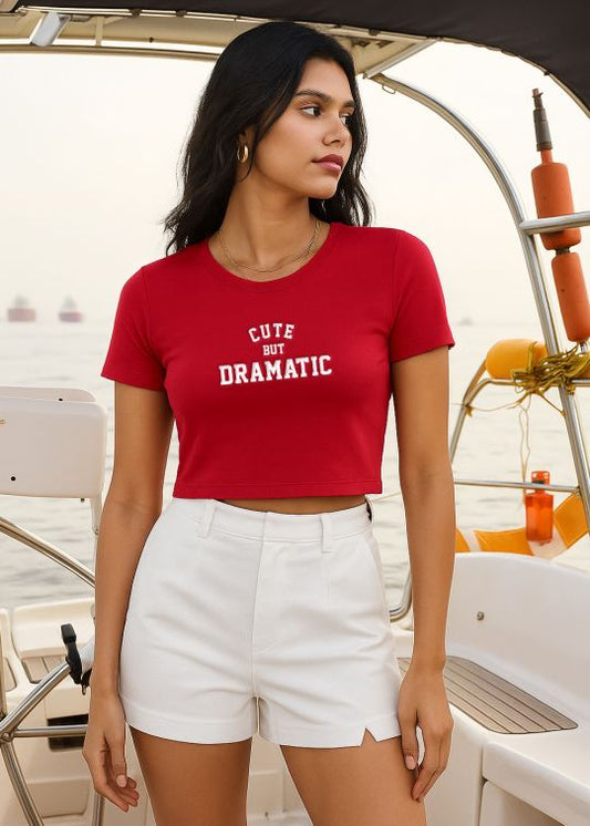 Cute But Dramatic Crop Red Half Sleeve T-shirt For Women