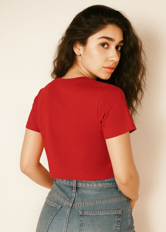 Cute But Dramatic Crop Red Half Sleeve T-shirt For Women