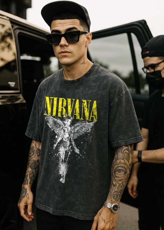 Nirvana Black Overdyed Oversized Half Sleeve T-shirt For Man