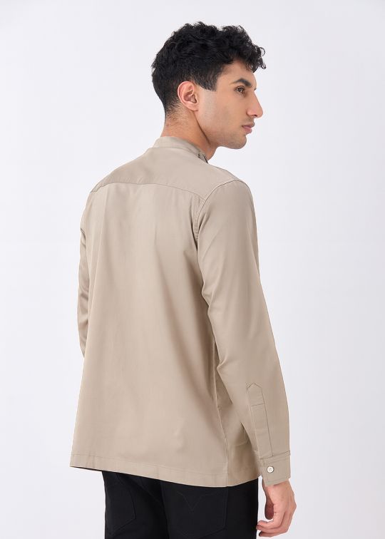 Men Beige Solid Manadarin Collar Shirt With Tie