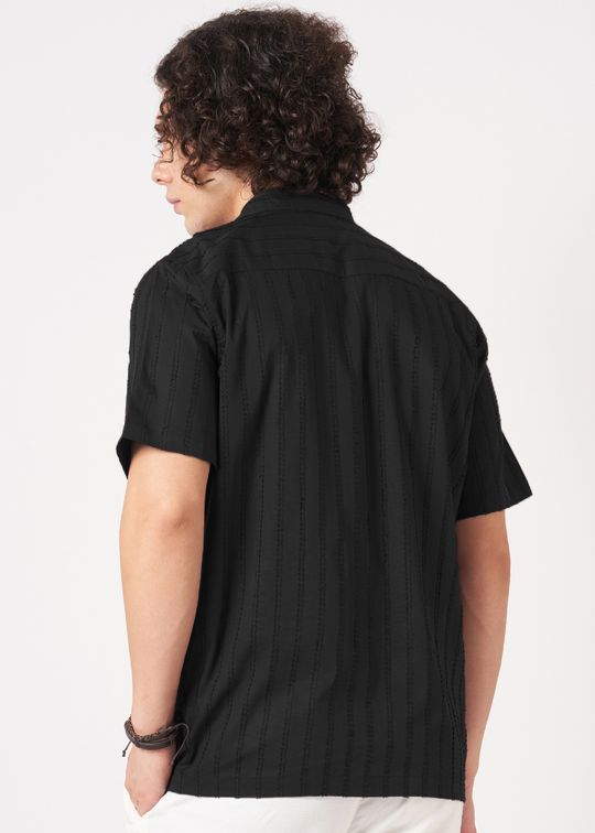 Men Black Crinkle Textured Short Sleeve��Shirt