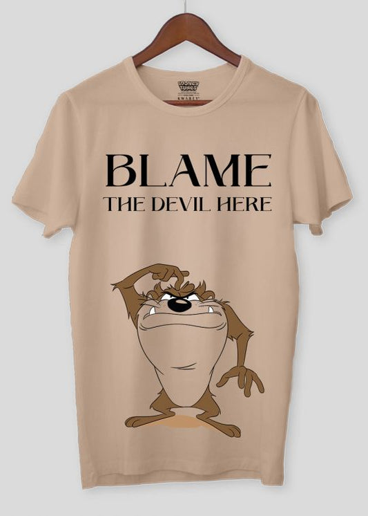 Blame The Genius Here Taz Beige Half Sleeve T-Shirt For Men