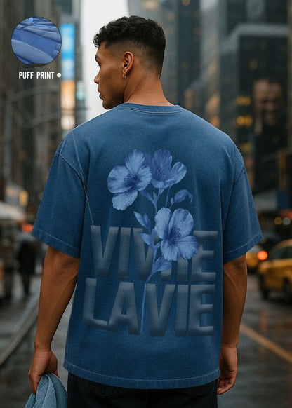 Floral Vivre La Vie Denim Blue Premium Oversized T-shirt For Men