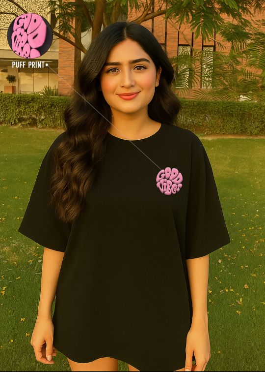 Good Vibes Premium Black Oversized T-shirt For Women