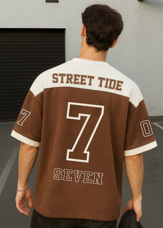 Street Tide Coffee Color Block Oversized T-shirt For Men