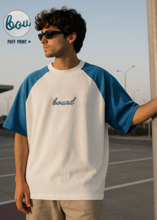 Bound Printed Off White & Denim Raglan Sleeve Oversized T-shirt For Men
