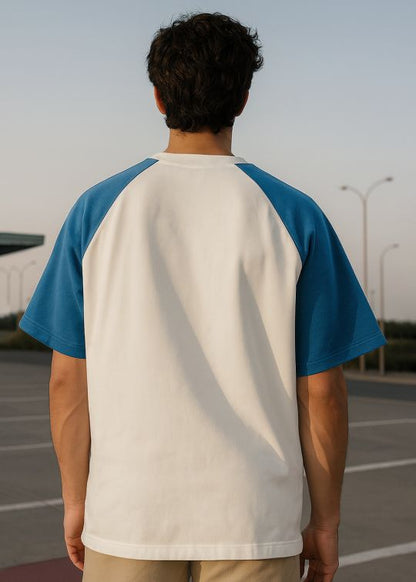 Bound Printed Off White & Denim Raglan Sleeve Oversized T-shirt For Men