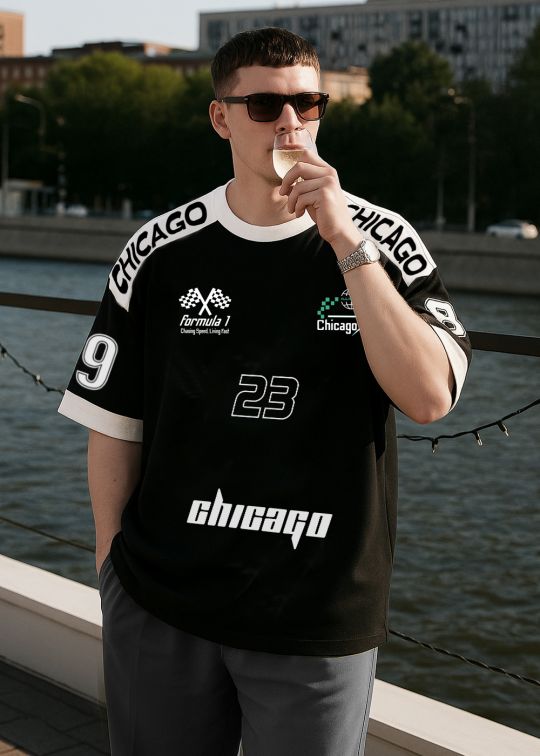 Black & White Hue Blocking Chicago Formula Men Oversized T-shirt