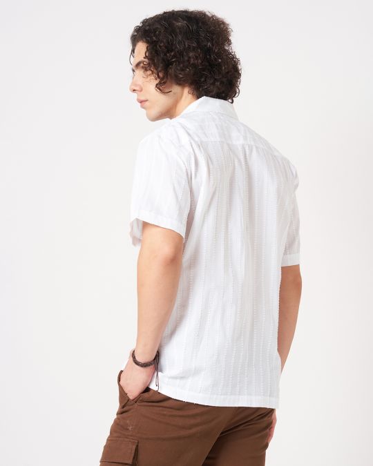 Men White Crinkle Textured Short Sleeve��Shirt