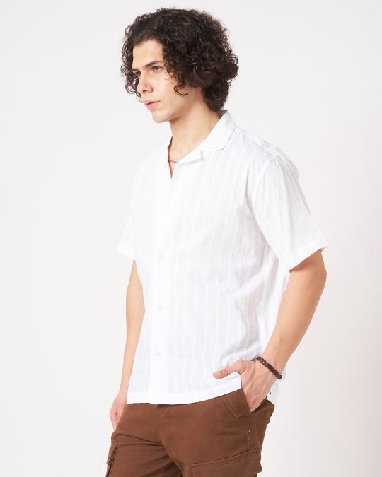 Men White Crinkle Textured Short Sleeve��Shirt