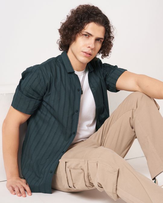 Men Navy Crinkle Textured Short Sleeve��Shirt