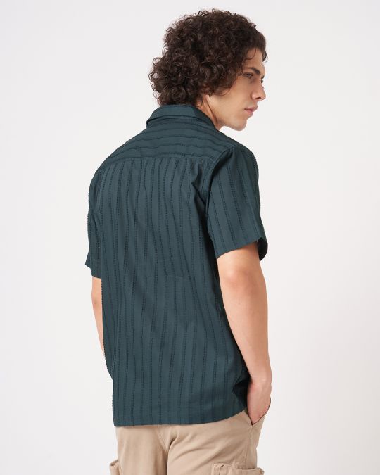 Men Navy Crinkle Textured Short Sleeve��Shirt