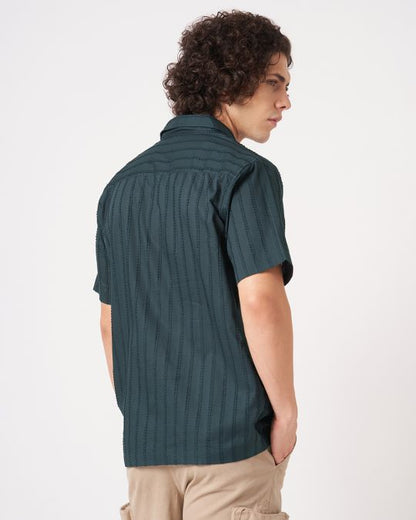 Men Navy Crinkle Textured Short Sleeve��Shirt