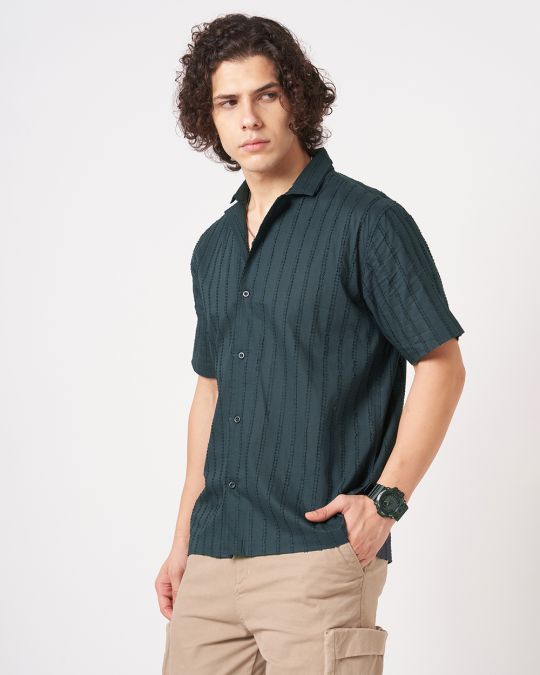 Men Navy Crinkle Textured Short Sleeve��Shirt