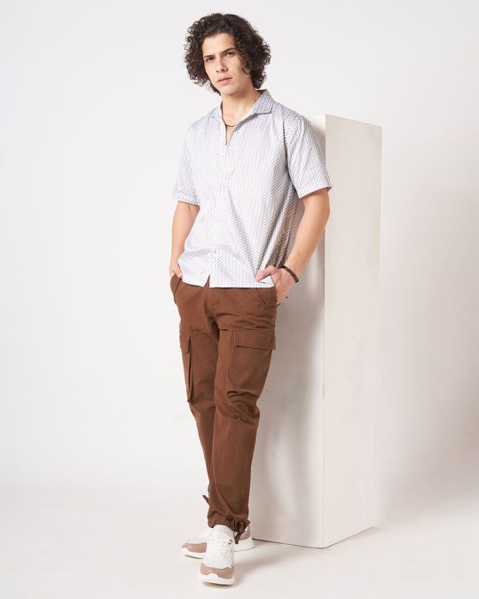 Men Pink White Geometric Print Short Sleeve Casual��Shirt