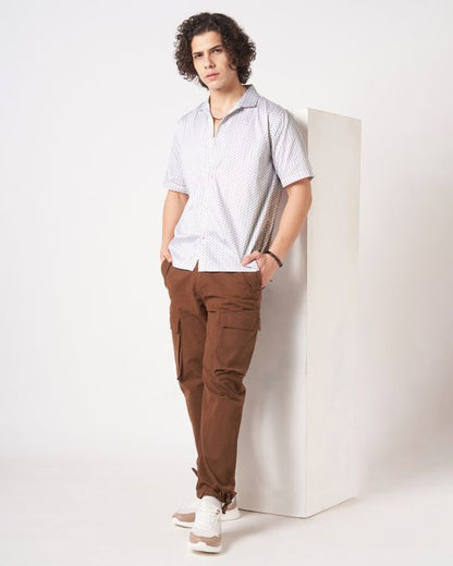 Men Pink White Geometric Print Short Sleeve Casual��Shirt