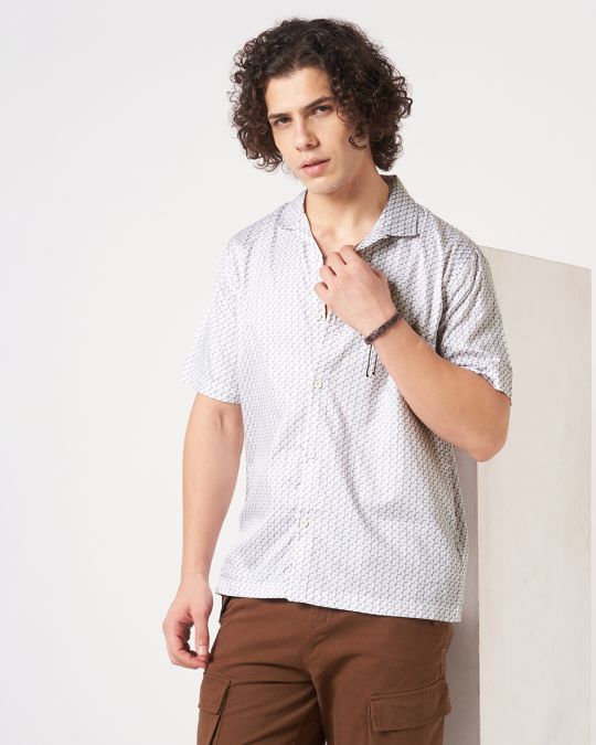 Men Pink White Geometric Print Short Sleeve Casual��Shirt