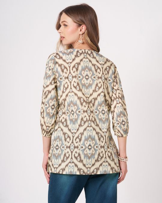 Off White Ikat Printed Short Kurti For Women