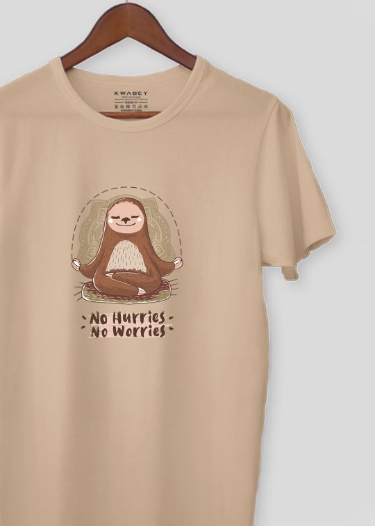No Hurries No Worries Beige Half Sleeve Tshirt For Men