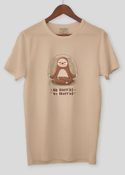 No Hurries No Worries Beige Half Sleeve Tshirt For Men