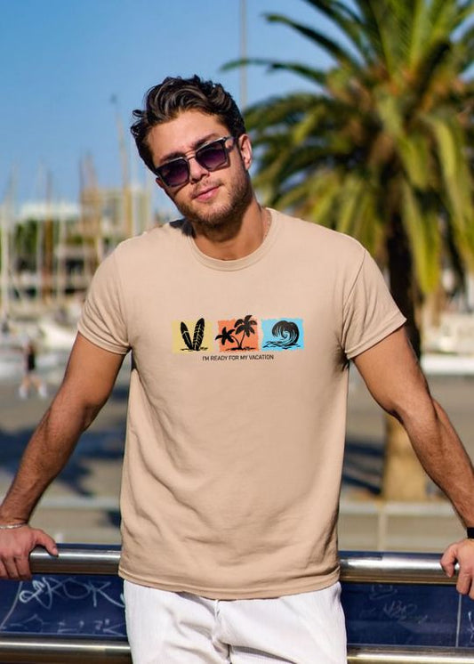Ready For Vacation Beige Half Sleeve Tshirt For Men