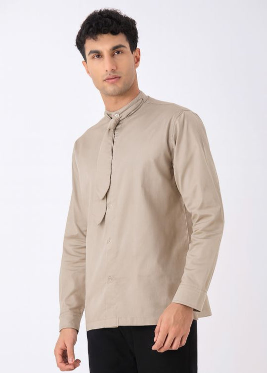 Men Beige Solid Mandarin Collar Shirt With Tie
