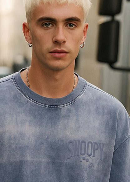 Snoopy Blue Overdyed Oversized Half Sleeve T-shirt For Man