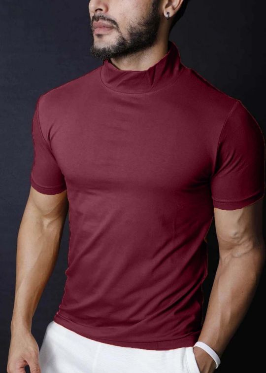 Maroon High Neck Half Sleeve T Shirt For Men - kwabey.com